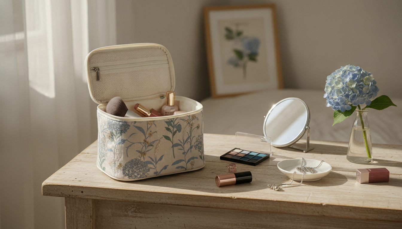 Blue Floral Double-Zipper Makeup Bag: Large Capacity